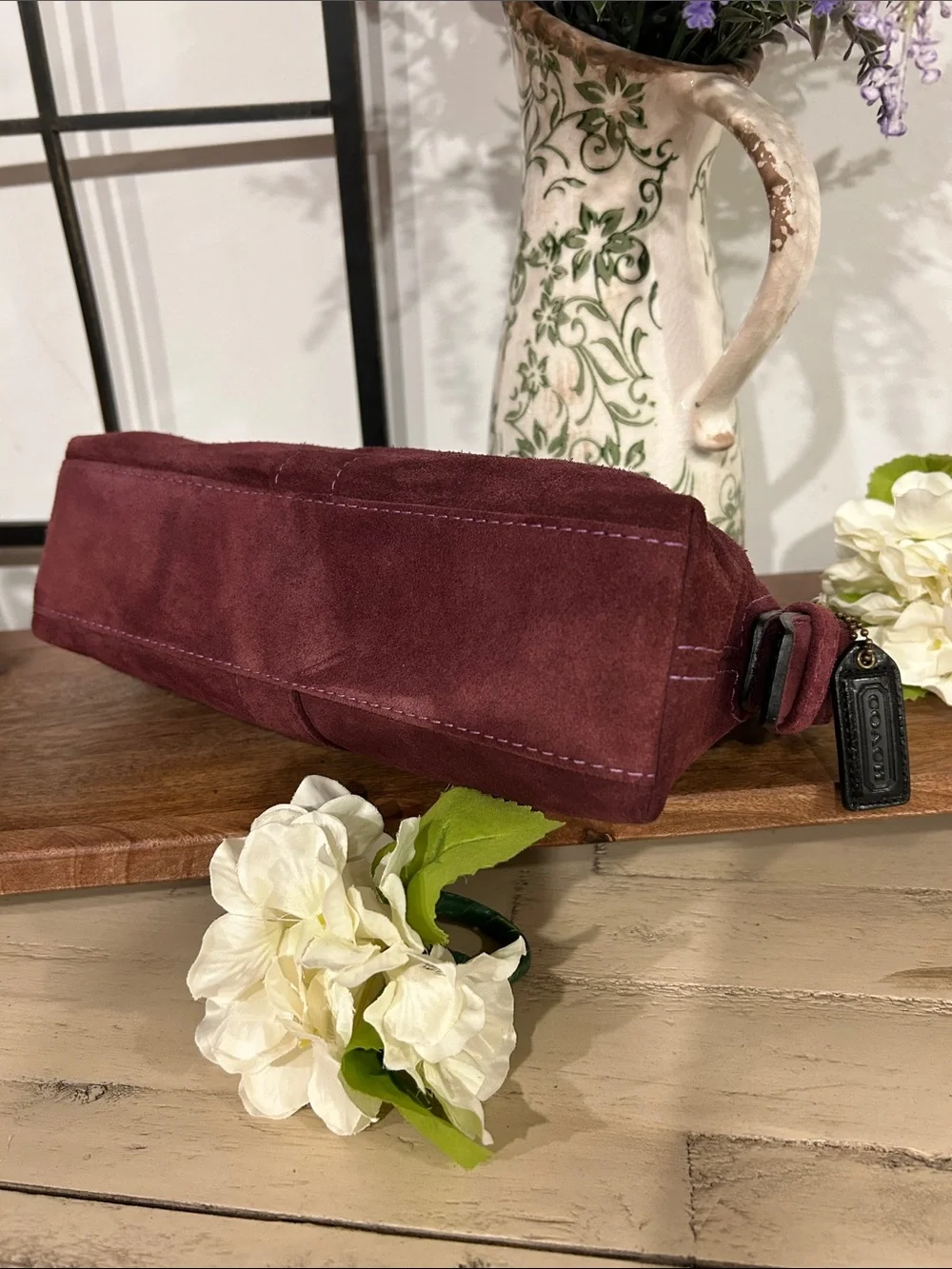 Coach Burgundy Suede Shoulder Bag with Gold Charm Chain